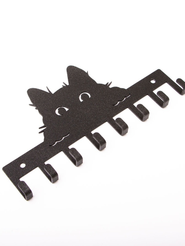Ключница "Кот" с крючками, муар черный с блестками